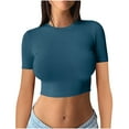 thumbnail image 3 of Lovskoo 2024 Crop Tops for Women Short Sleeve Round Neck Women Clothing Comfortable Breathable Blouses Tops Shirts for Women Navy XL, 3 of 8