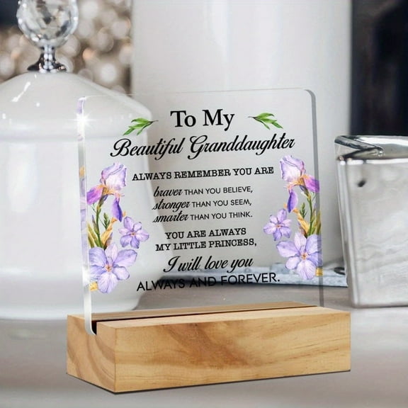 Acrylic Granddaughter Inspirational Quote Desk Plaque With Wooden Stand - Uncharged Clear Acrylic Picture Frame With Motivational Message For Home Office Decor Granddaughter Keepsake Gift