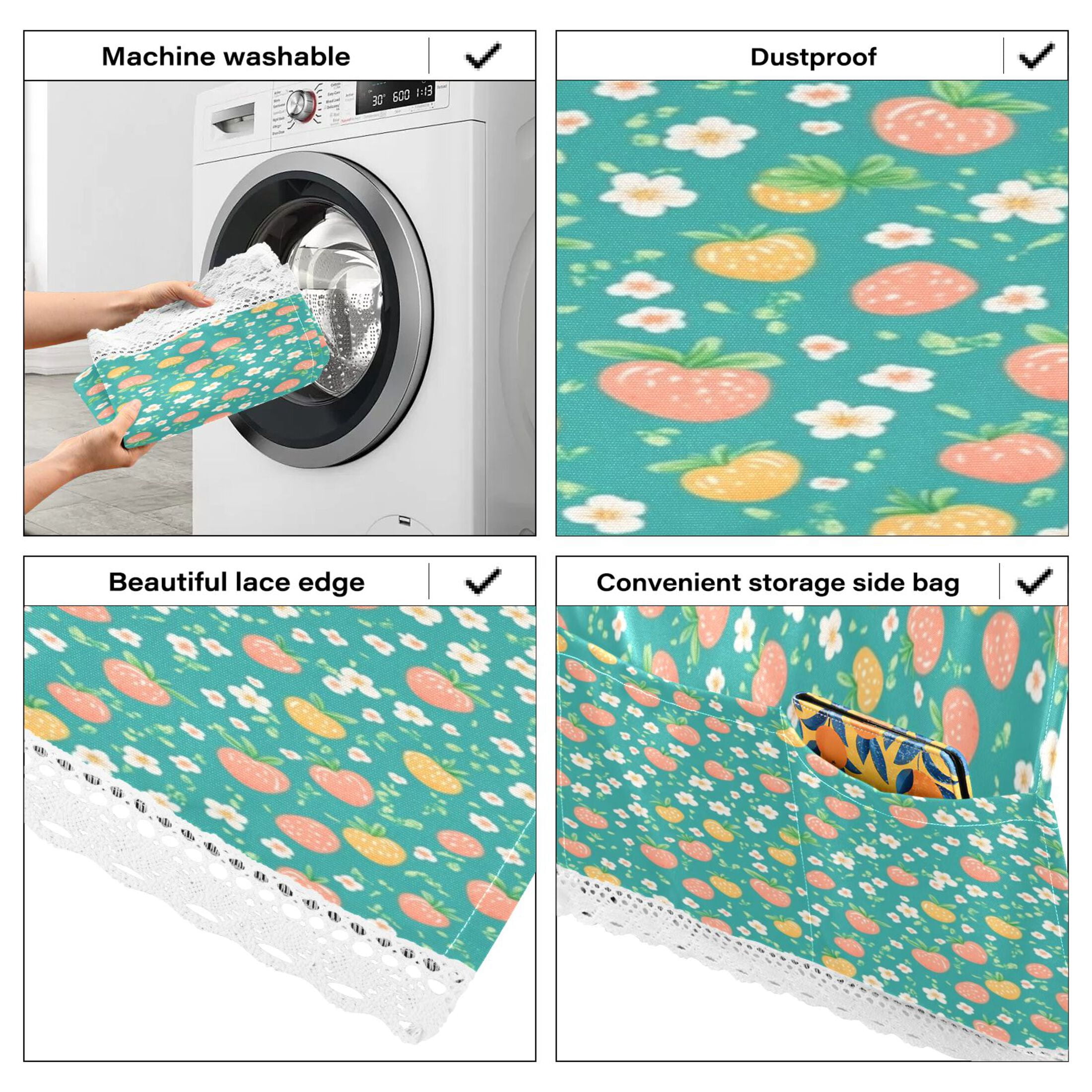 Strawberries and Flowers PatternWasher and Dryer Covers Dust-Proof and Oil Resistant Fridge Cover with 4 Storage Pockets Washing Machine Top Cover for Laundry Kitchen Home 51.2 x 22 In