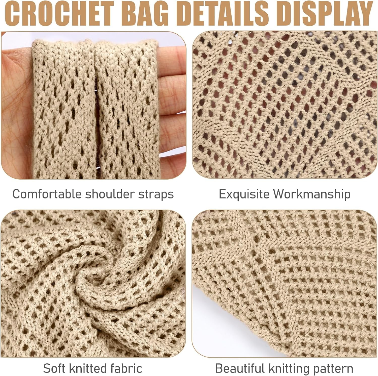 Crochet Bag for Women, Crochet Tote Summer Bag Mesh Large Shoulder Bag (Khaki 14 x 10 x 26.5in)