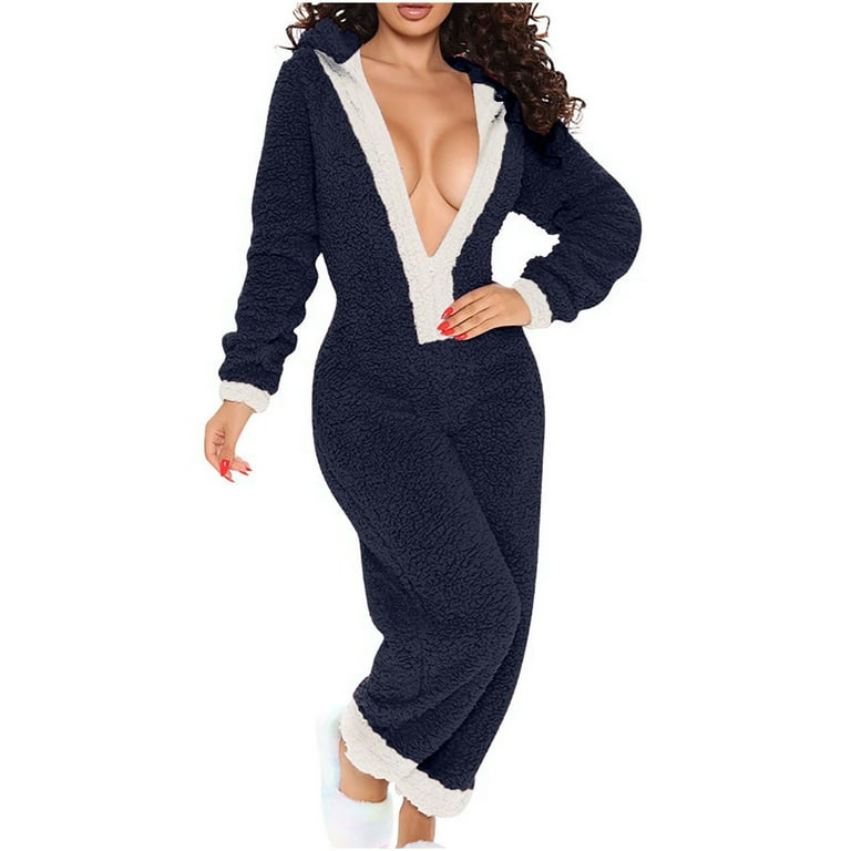 RQYYD Reduced Onesie for Women Sexy Deep V-Neck Fluffy Fleece Hooded Pajamas  Zipper Sleepwear One-Piece Winter Jumpsuit Romper Navy XL 