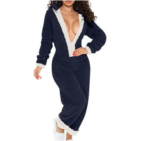 

Womens Sexy Deep V-neck Long Sleeve Onesies Loungewear Comfy Cozy Hooded Loungewear Pajamas