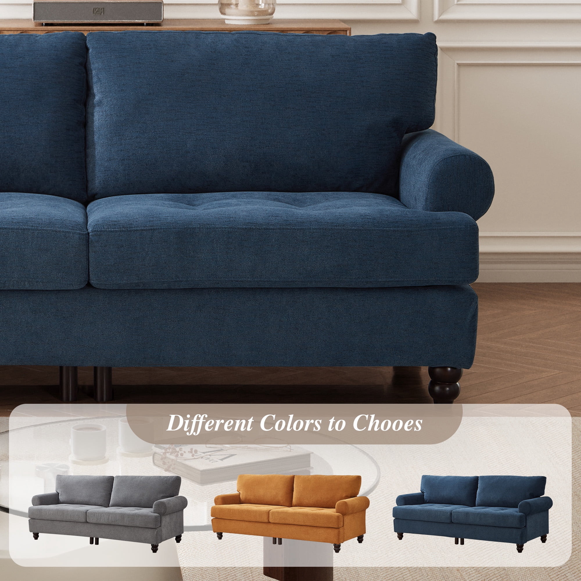 Me'on 81" Rolled Arm Sofa Couch with Storage, Mid Century Modern Decor Upholstered Couches for Living Room, Button Tufted Loveseat for Bedroom, Blue