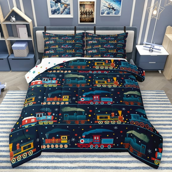 Homewish Cartoon Train Car Bedding Comforter Set,Multicolor Polka Dots Twin Comforter Sets,Deepblue Orange Bedding Set For Boys Kids,Luxury Bedroom Decor Reversible,2-Piece