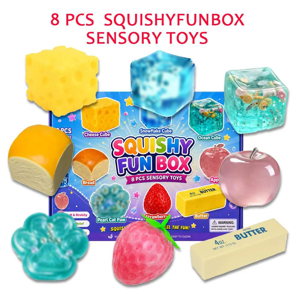 Squishy Fun Box 8 Pcs Sensory Stress Balls Pack, Slow Rebound Malt Sugar Squeeze Fidgets with Ocean Cube & Fruit Shapes for Party Favors