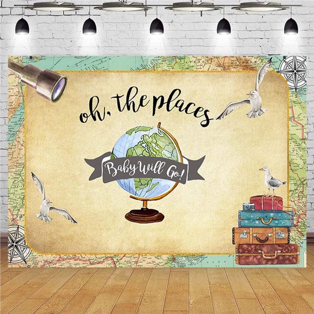 Fondo de aventura comienza Oh, los lugares a los que irás Fondos de fotos para baby shower Mapa del mundo Fondo de fotografía de flores Fondo de aventura te espera Cumpleaños infantil Decoración de