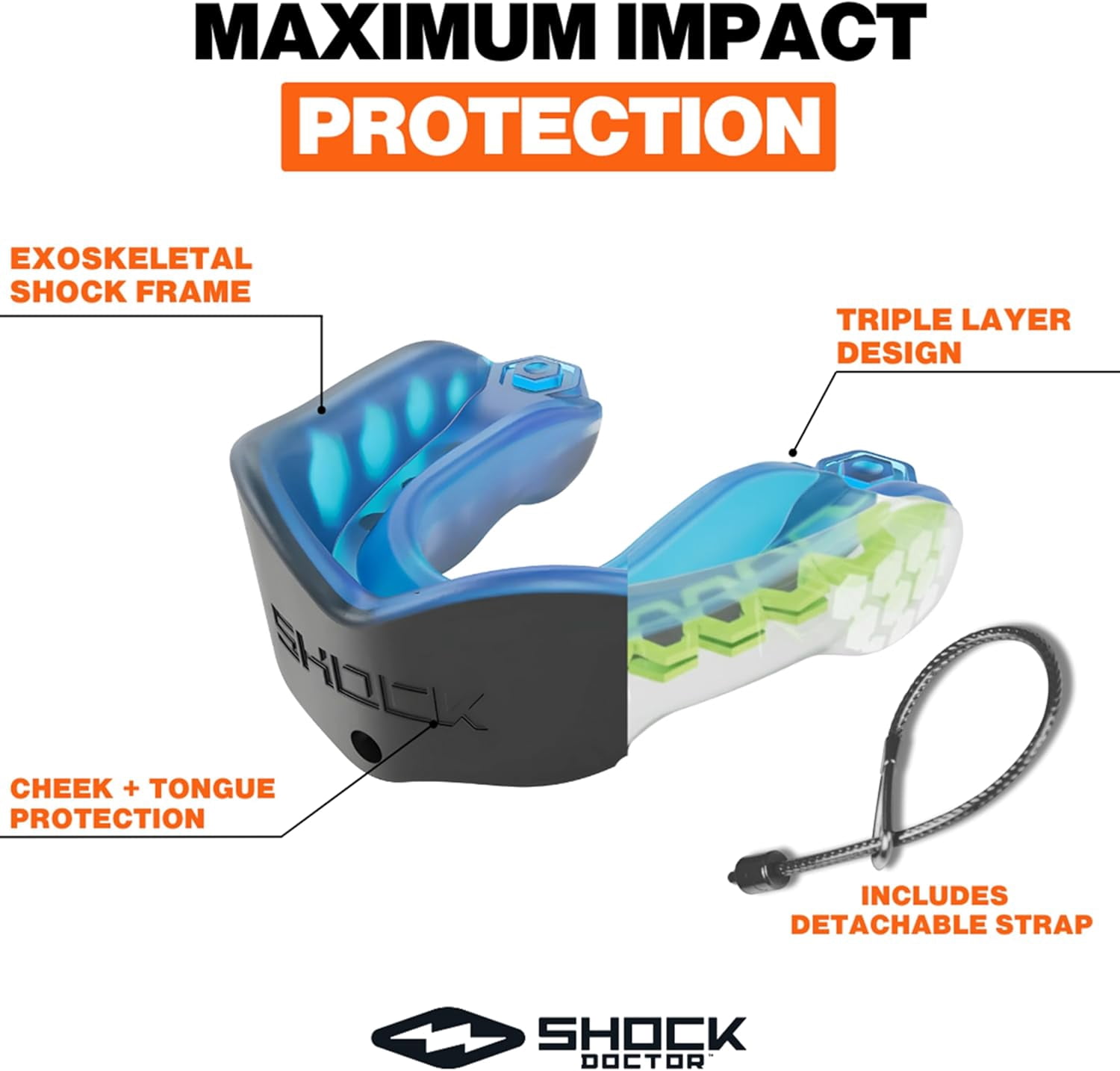 Mouth Guard Sports, Hockey, Lacrosse, Baseball, Wrestling Moutguard, Gel Max Heavy Duty Protection & Custom Fit, Football Mouth Guard with Strap, Adult & Youth Mouthguard