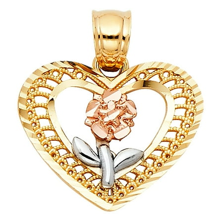 14k Floral Design - Heart and Flower Floral Charm Beaded Rope Design 14k Tri Color Gold 1/2 Inch Pendant