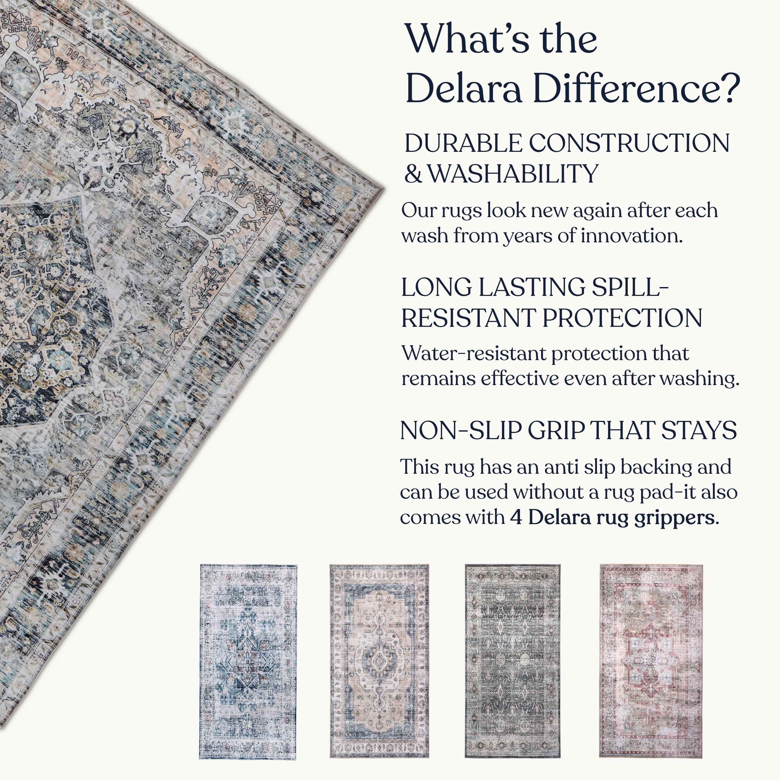 Delara 2.5'x10' Machine Washable Area Rug, Soft & Durable, Non-Slip, Stain Resistant, Antique Mist, for Bedroom, Living & Dining Room