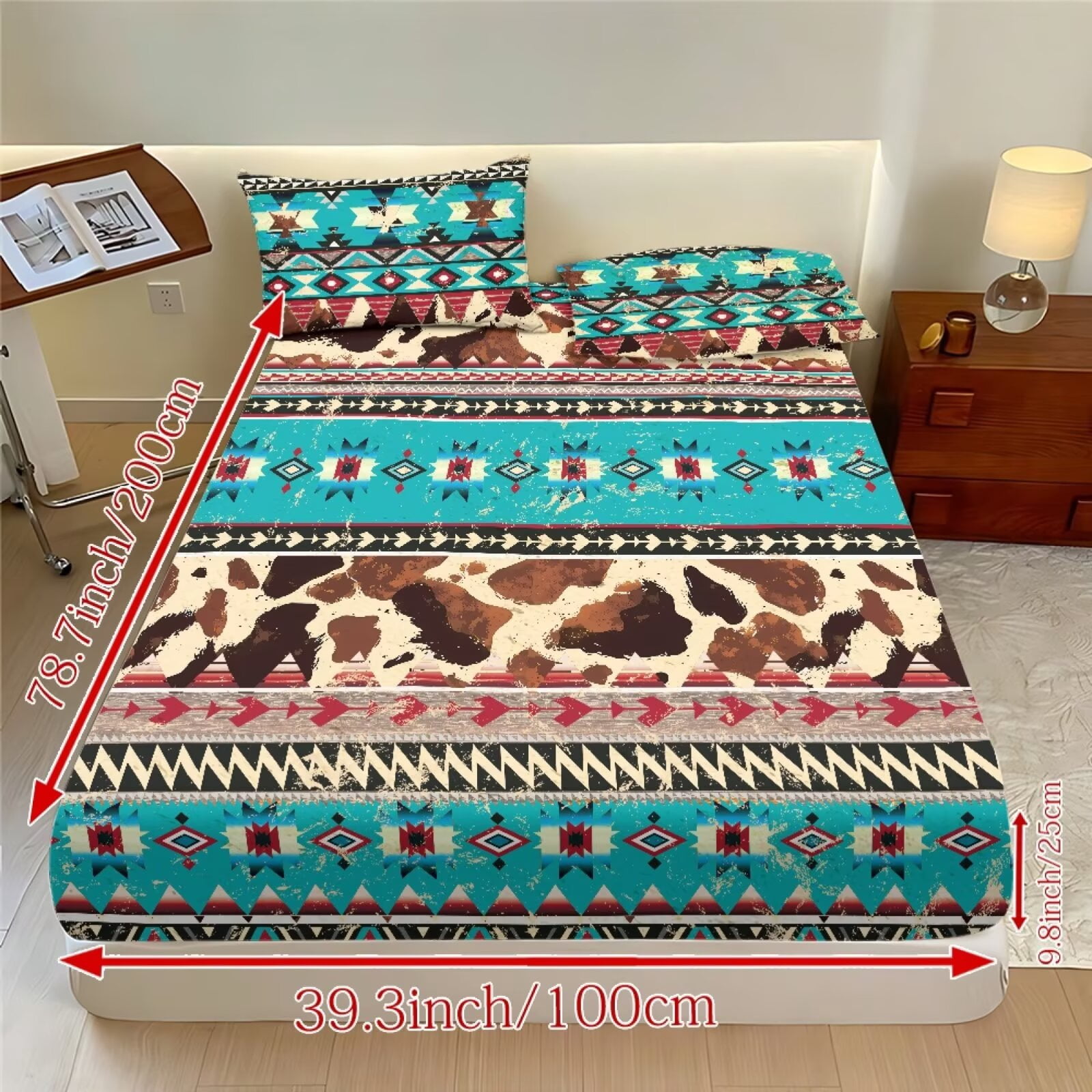 ZIATUBLES Aztec Cow Printed Twin Sheet Set, Soft Cozy Bed Sheet with Pillowcase, Chic Bedding Decor Set, Easy Care for All Seasons, Ideal for Comfy Sleep