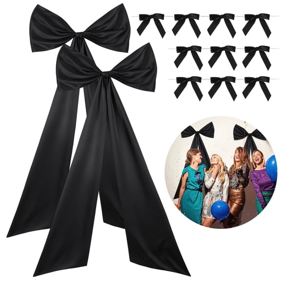 2 Pcs Large Black Bows, Birthday Party Decorations, Big Satin Bows with 10 Small Wrap Bows, Giant Bow Hanging Decors for Bridal Showers, Weddings, Parties Backdrop