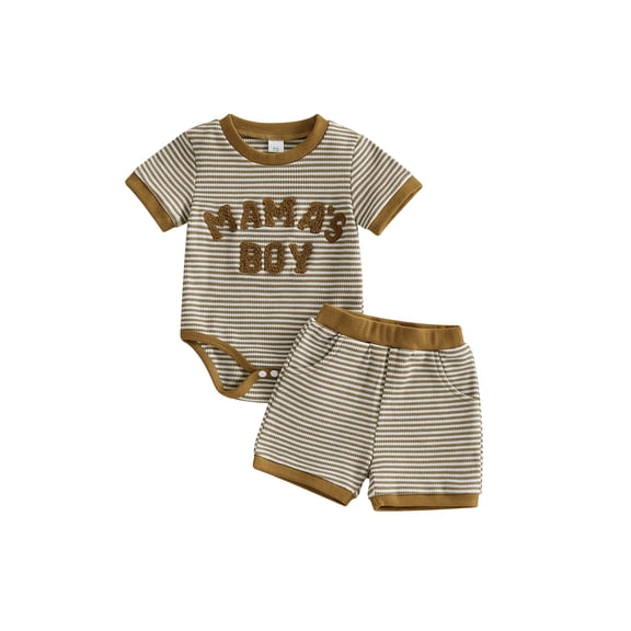 BemeyourBBs Infant Baby Boy Mama's Boy Outfit Newborn Boys Summer Clothes Waffle Knit Stripe Letter Embroidery Short Sleeve Romper Elastic Waist Shorts 2 Piece Set