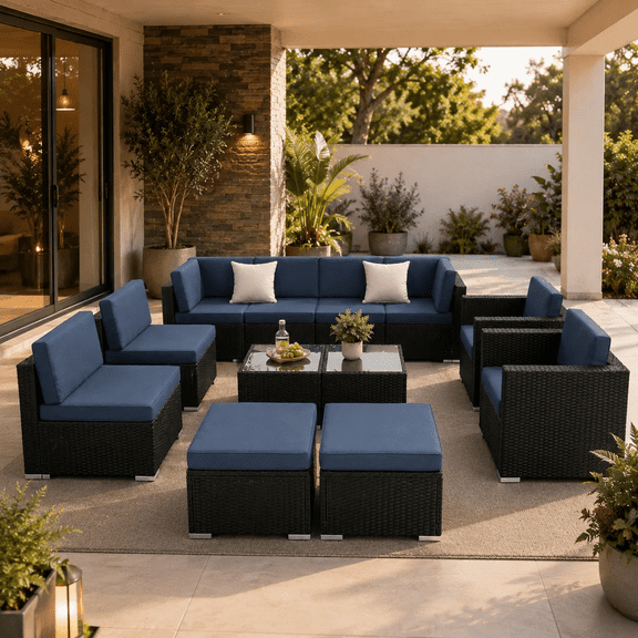 Gasee Patio Furniture Set 12 Piece Patio Furniture with Coffee Table and Ottoman Rattan Wicker Outdoor Sectional Set, Blue