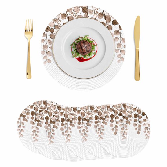 Brown Eucalyptus Leaves Round 15 Inch Placemats Set of 6, Watercolor Floral Leaf Plants HeatResistant Non Slip Place Mats for Dining Table, Wipeable Braided Kitchen Table Mats for Housewarming