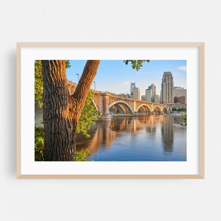 3rd Avenue Bridge in Minneapolis - Minneapolis Minnesota Photography Bridge Cityscape Architecture Skyline Scenic Oak Framed Wall Art Print 24 x 36 inches