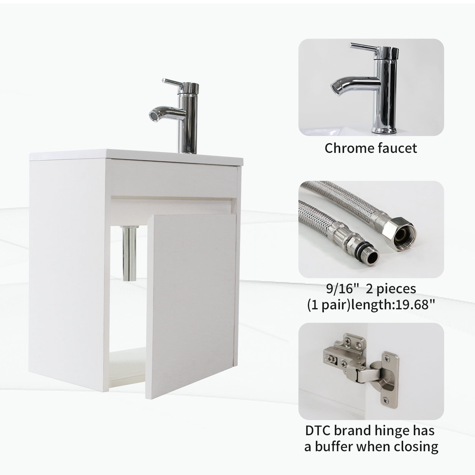 Wonline 16" Floating Bathroom Vanity Wall Mounted Black Vanity for Small Bathroom Single Cabinet Resin Basin Faucet White