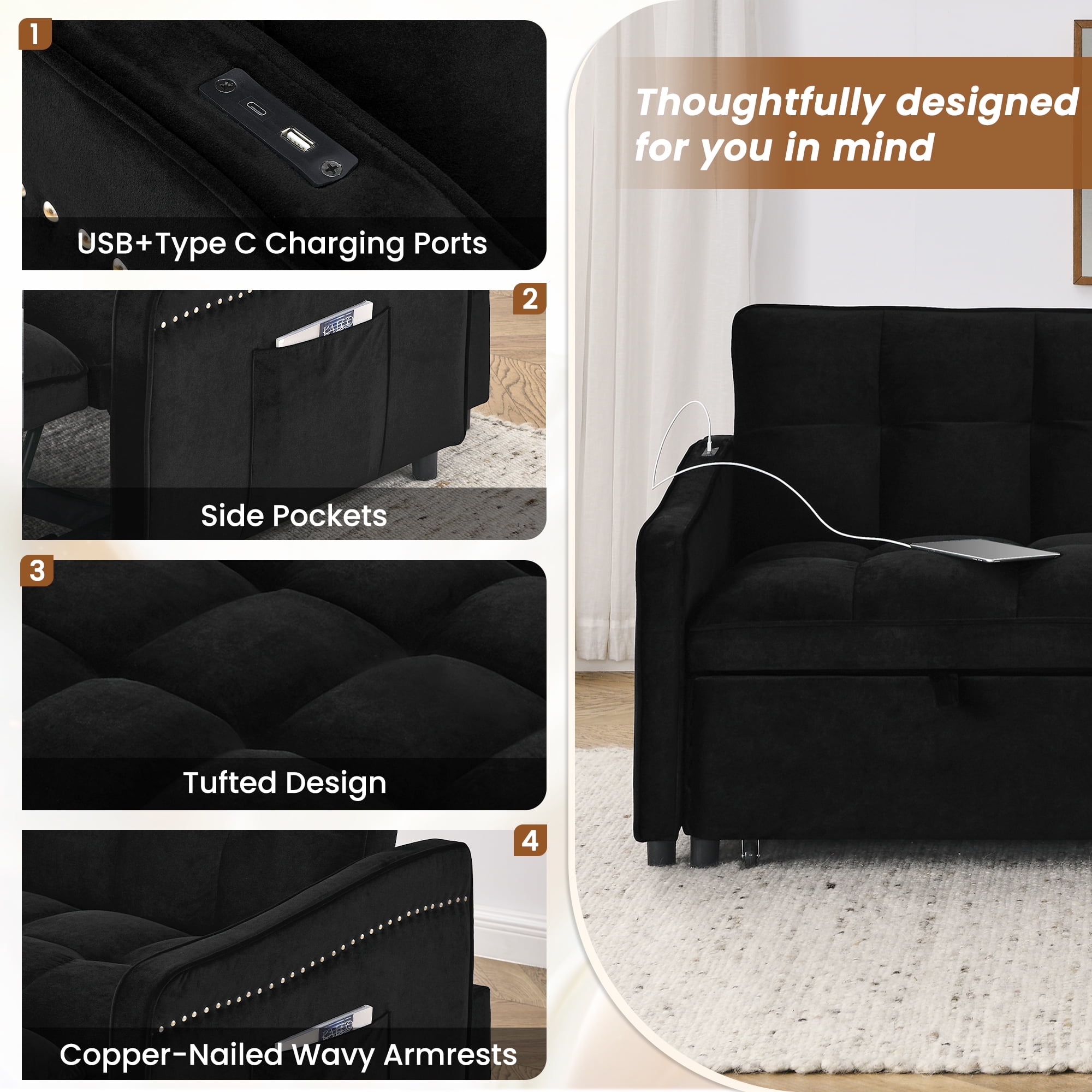 Lunale Pull Out Sofa Bed, Loveseat Sleeper with USB/Type-C, Adjust Back, Convertible Sleeper Sofa for Living Room/Apartment, Black Velvet