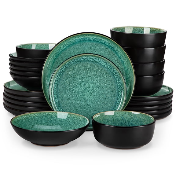MALACASA 24 pcs Dinnerware Sets, Plates and Bowls Set for 6, Stoneware Dinner Set, Green