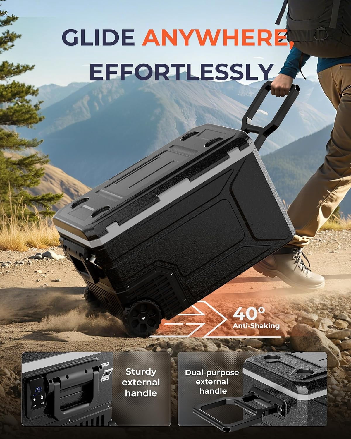 12V Fridge 69Qt Portable Electric Cooler, Compressor Refrigeration -4°F to 68°F, 12/24V DC & 100-240V AC, Wheels Trolley Case, for Truck Camping Travel RV Freezer