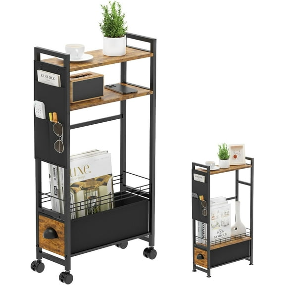 Narrow Side Tables with Drawer for Small Spaces, Small End Table Slim Nightstand with Wheels, Space Saving Skinny Thin Bedside Sofa Coffee Desk with Storage Bag for Bedroom Living Room Couch