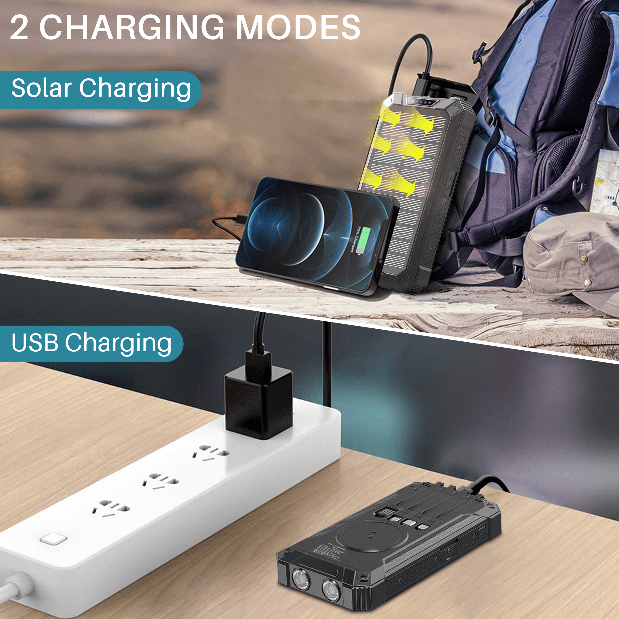 OWNTECH 30000mAh Solar Power Bank Portable Charger with 4 Cables & 3 USB Ports, Wireless Charger with LED Light, Compatible with iPhone, Android, for Camping, Hiking, Black