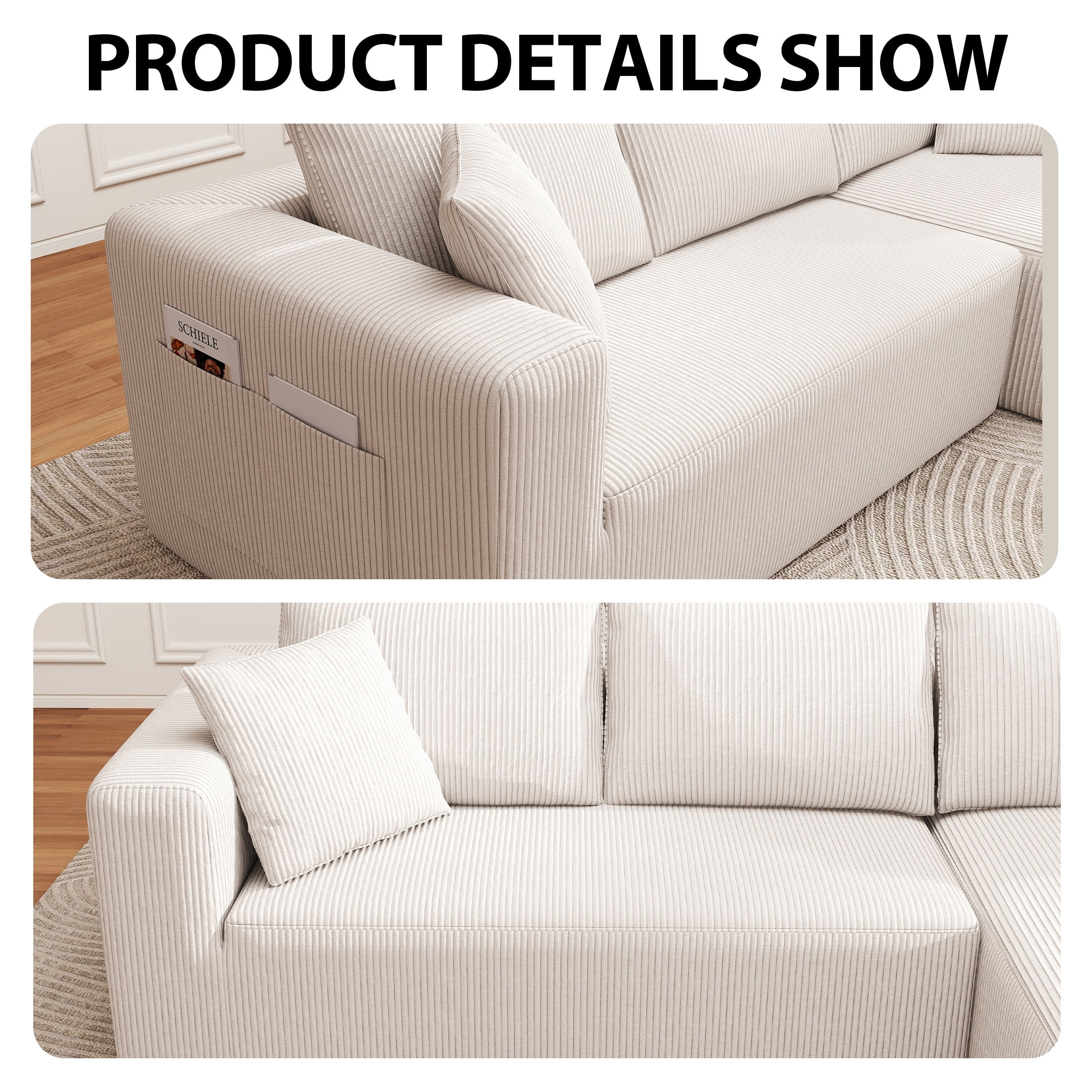 Focalsweet 107" L-Shaped Sofa Couch, Modular Sectional Living Room Sofa Set, Corduroy, No Assembly, White