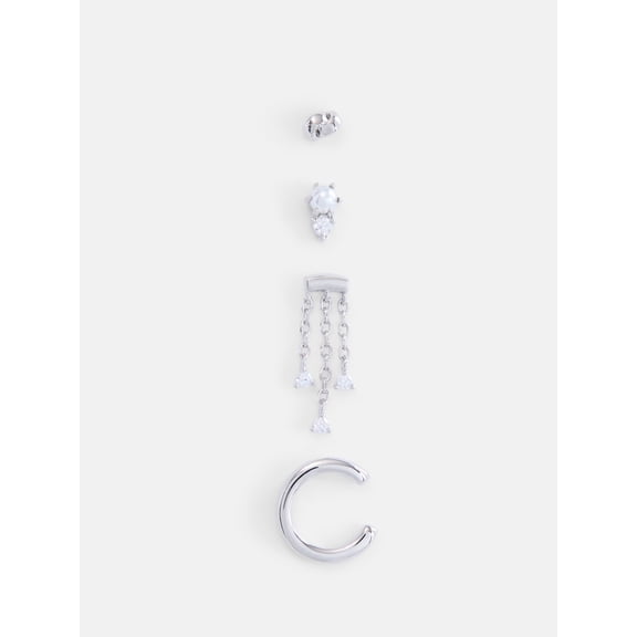 Free Assembly Women's Demi Fine Silver Plated Cubic Zirconia Single Earrings and Cuff Set, 4-Piece