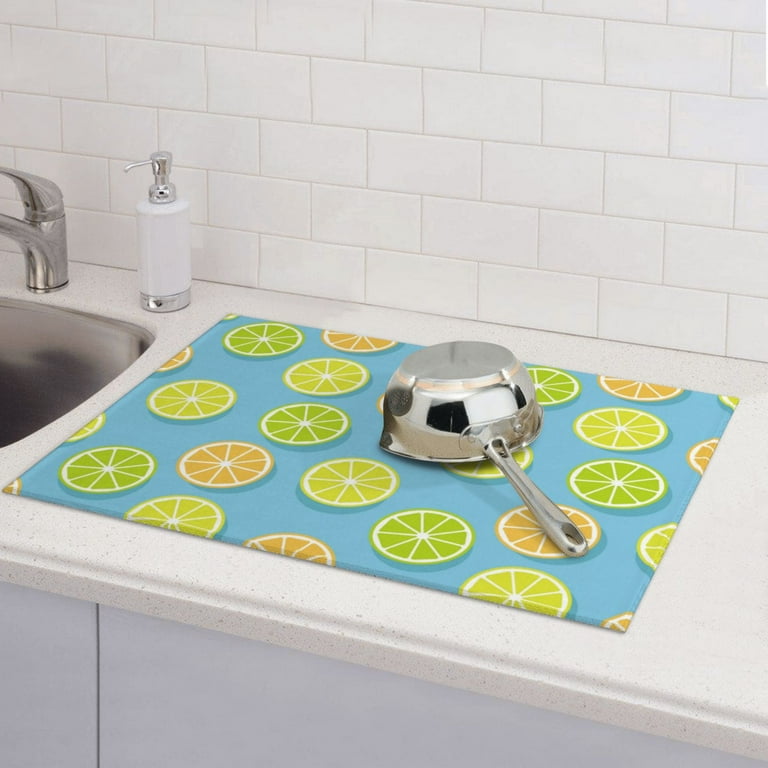 Dish Drying Mat, blue Lemon cartoon Highly Absorbent Microfiber