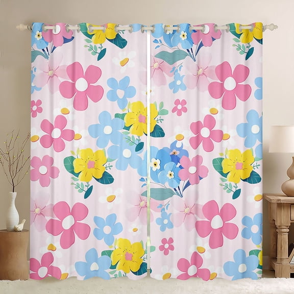 Erosebridal Pink Blue Flower Curtains Pack of 2 (42x84 Each) for Kids Girls, Colorful Groovy Floral Curtains Blackout