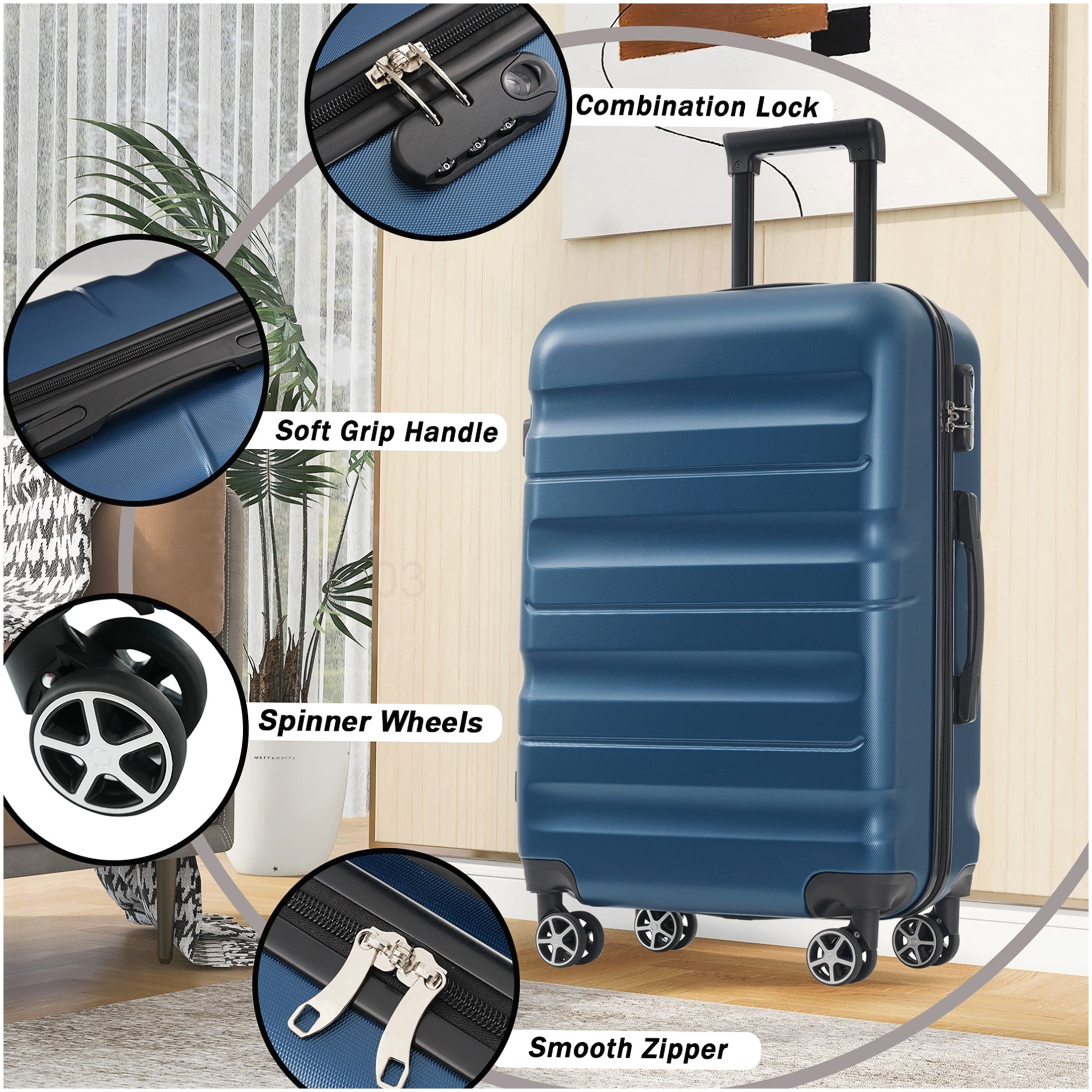 Lightweight ABS Hardshell Suitcase with 360° Spinner Wheels, 24-Inch Checked Luggage & Packing Organizers