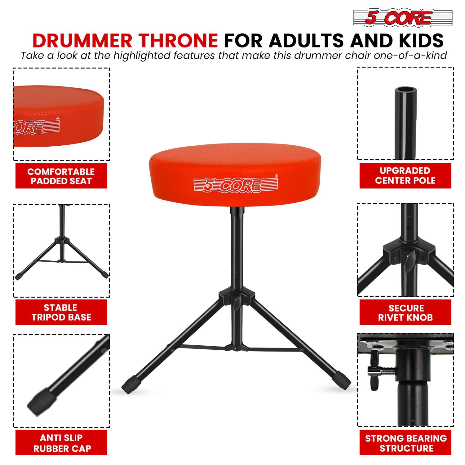 5 CORE Drum Throne 3 Inch Padded Comfortable Guitar Stool 330Lb Capacity Adjustable to 22" Drummer Seat for Adults and Kids Orange - DS 01 ORG