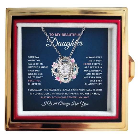 To My Daughter Necklace Birthday From Dad, Mom Meaningful Father Daughter Jewelry With Inspirational Message Card & Rotating Rose Box Perfect For Graduation, #1432, White Love Knot Necklace