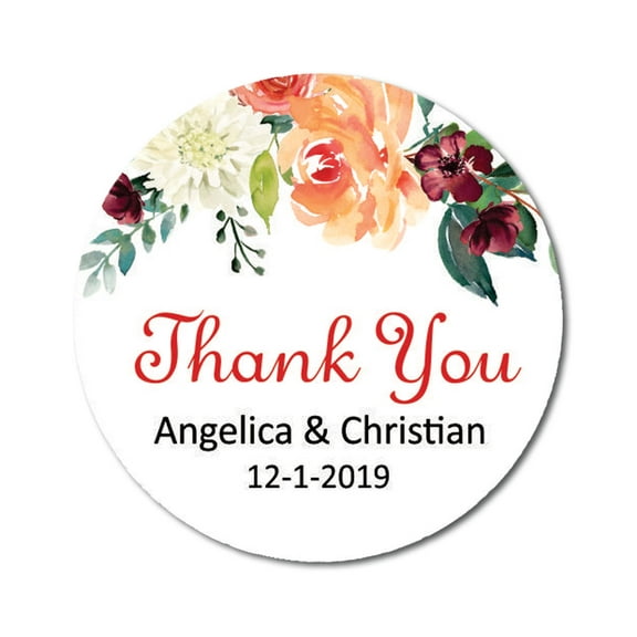 Darling Souvenir Round 45 Pcs Floral Thank You Stickers Wedding Personalized Bride Groom Names And Date Envelope Seals-White