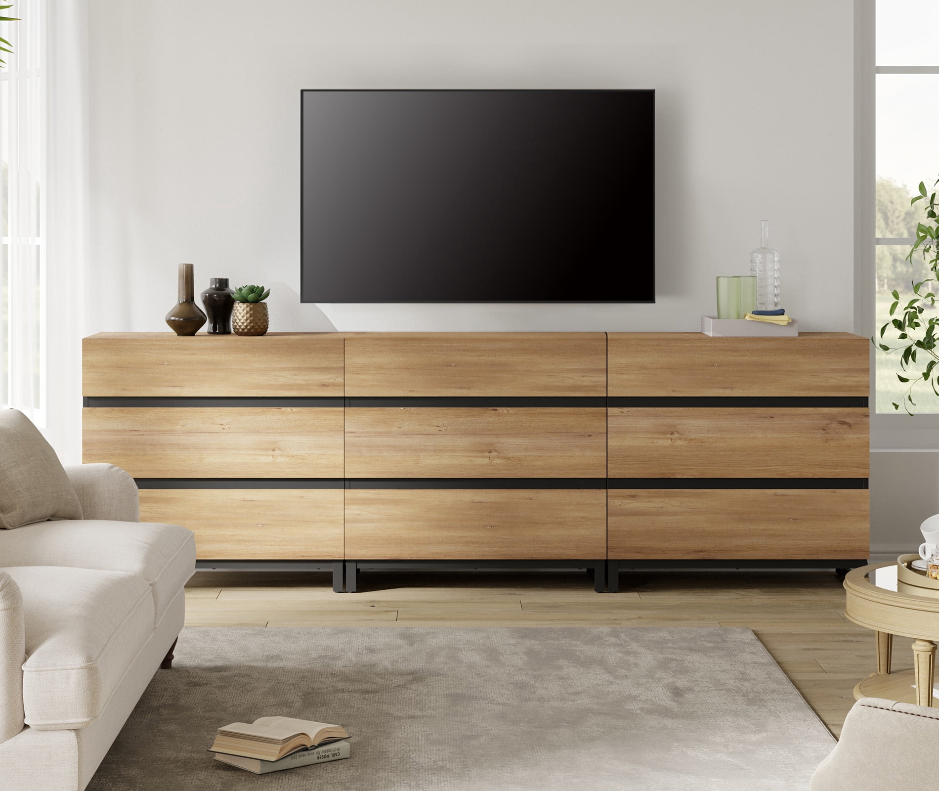 Modern TV Stand with 9 Drawers and Metal Base, Entertainment Center Media Console for Living Room Bedroom, Fits TVs up to 100 Inch, Oak