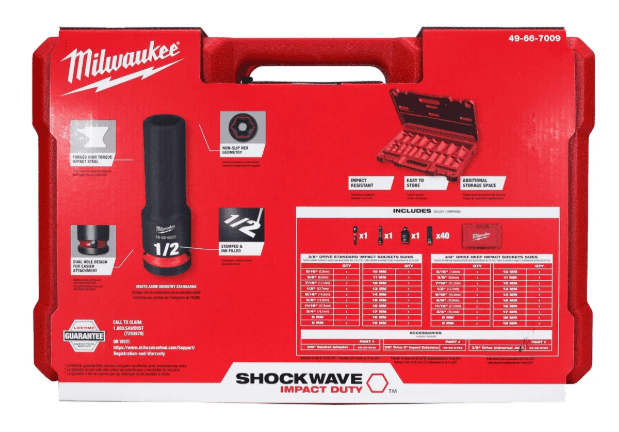 MILWAUKEE 49-66-7009 SHOCKWAVE 43-Piece 3/8 in. Drive SAE & Metric Deep Socket Set – Non-Slip Hex, Impact Rated, Stacking Case