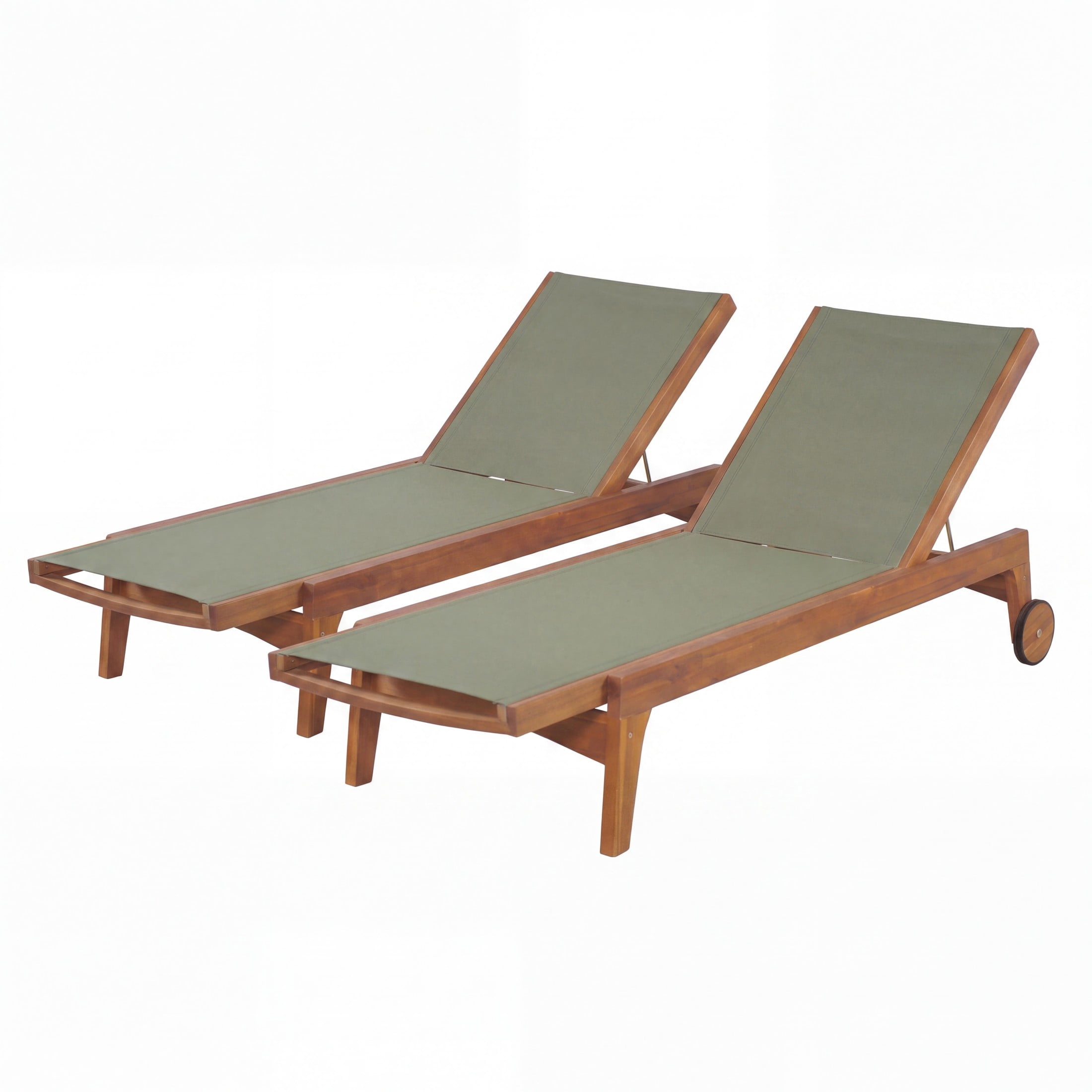 Christopher Knight Home Outdoor Wood Chaise Lounge with Mesh Seat, Adjustable Backrest & Wheels, Green, Set of 2