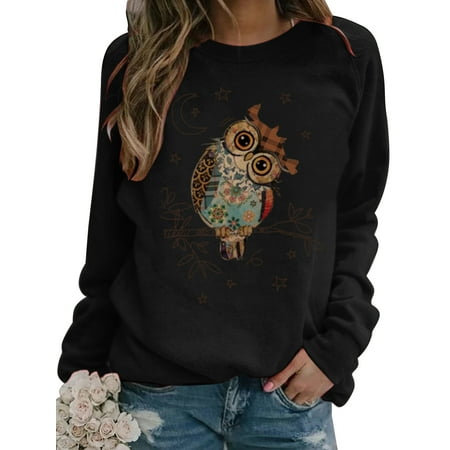 

UKAP Women Owl Print Long Sleeve Tops Casual Crew Neck Comfy Pullover Blouses T Shirts Pajama Lounge Wear Shirts