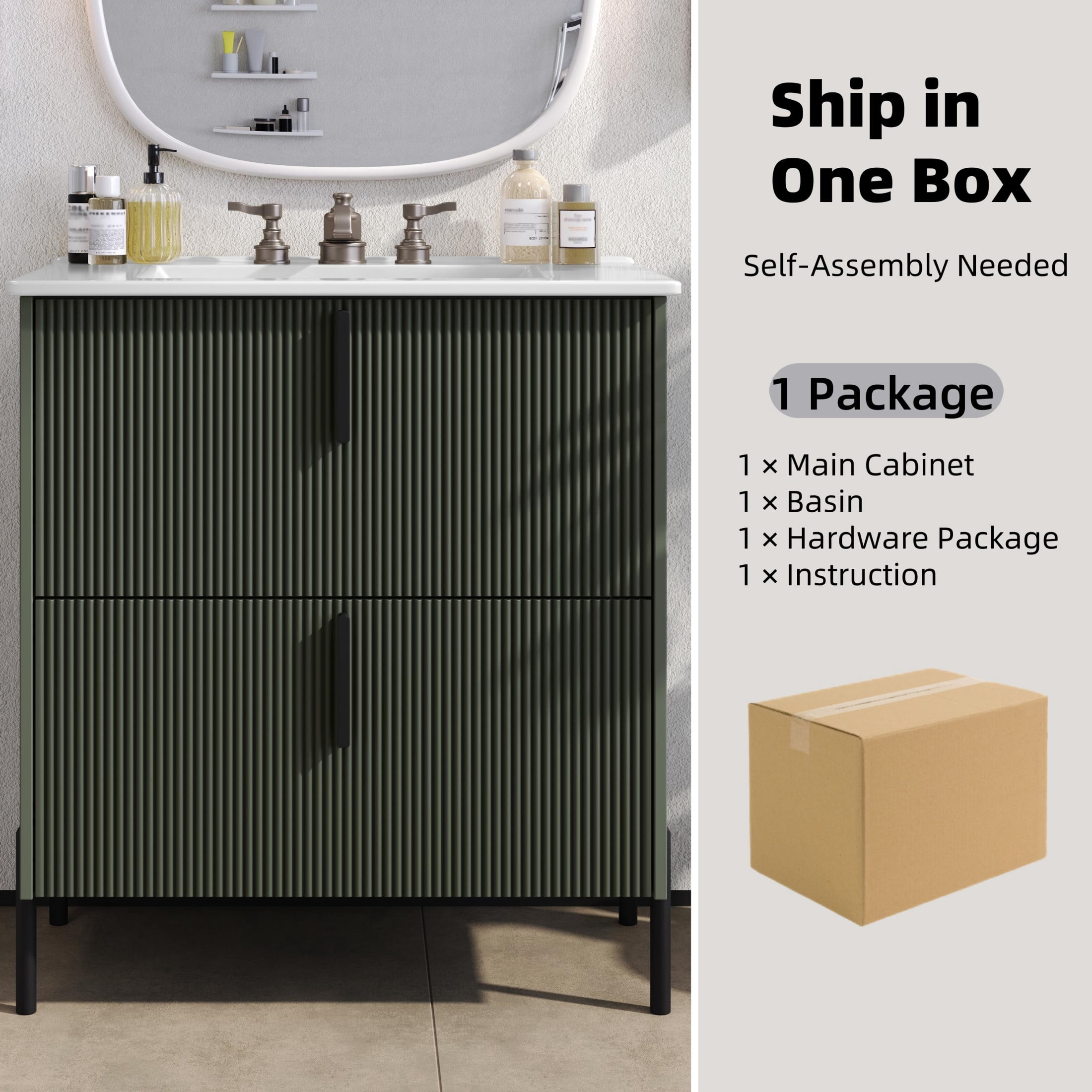 Christopher Knight Home 30" Green Bathroom Vanity with Ceramic Sink, Soft Close Drawers, Black Metal Legs