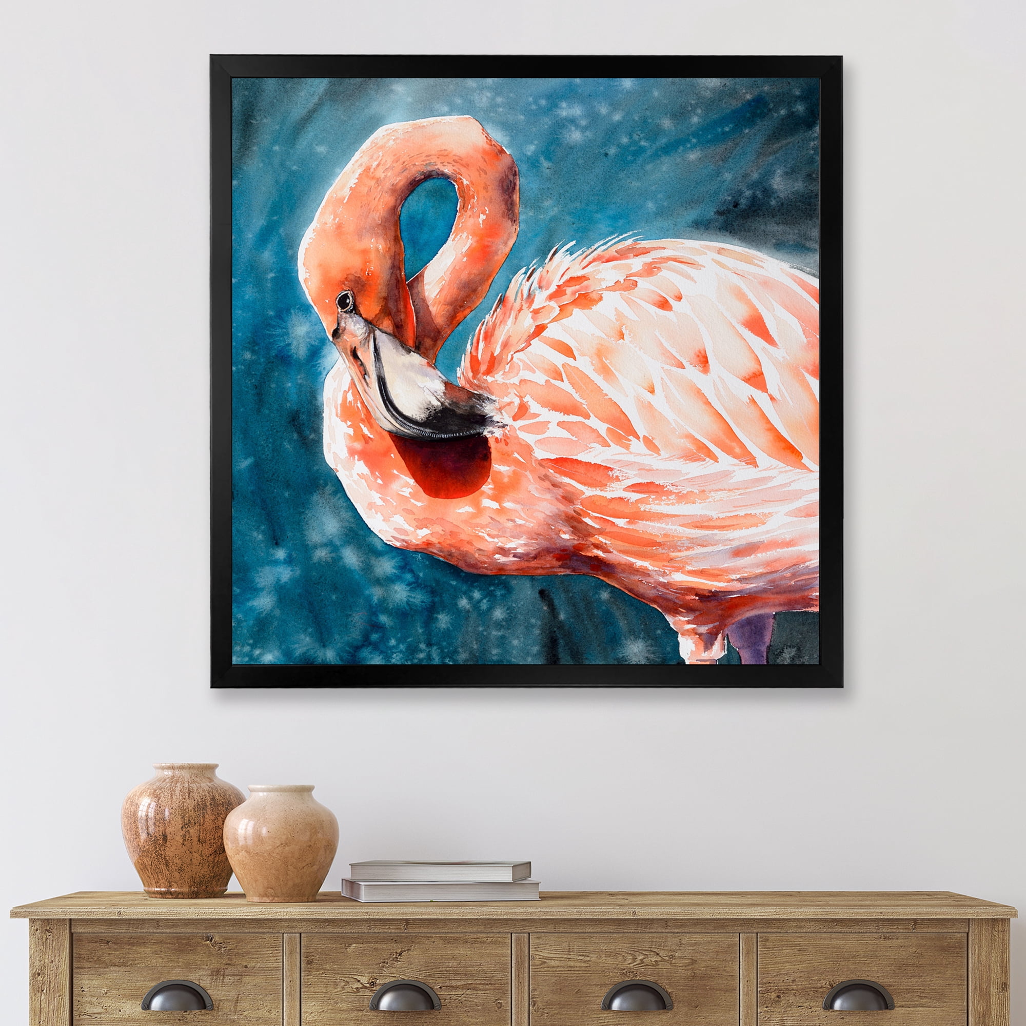 Designart 'Pink Flamingos Love Birds In Blue Water II' Farmhouse Framed Art Print