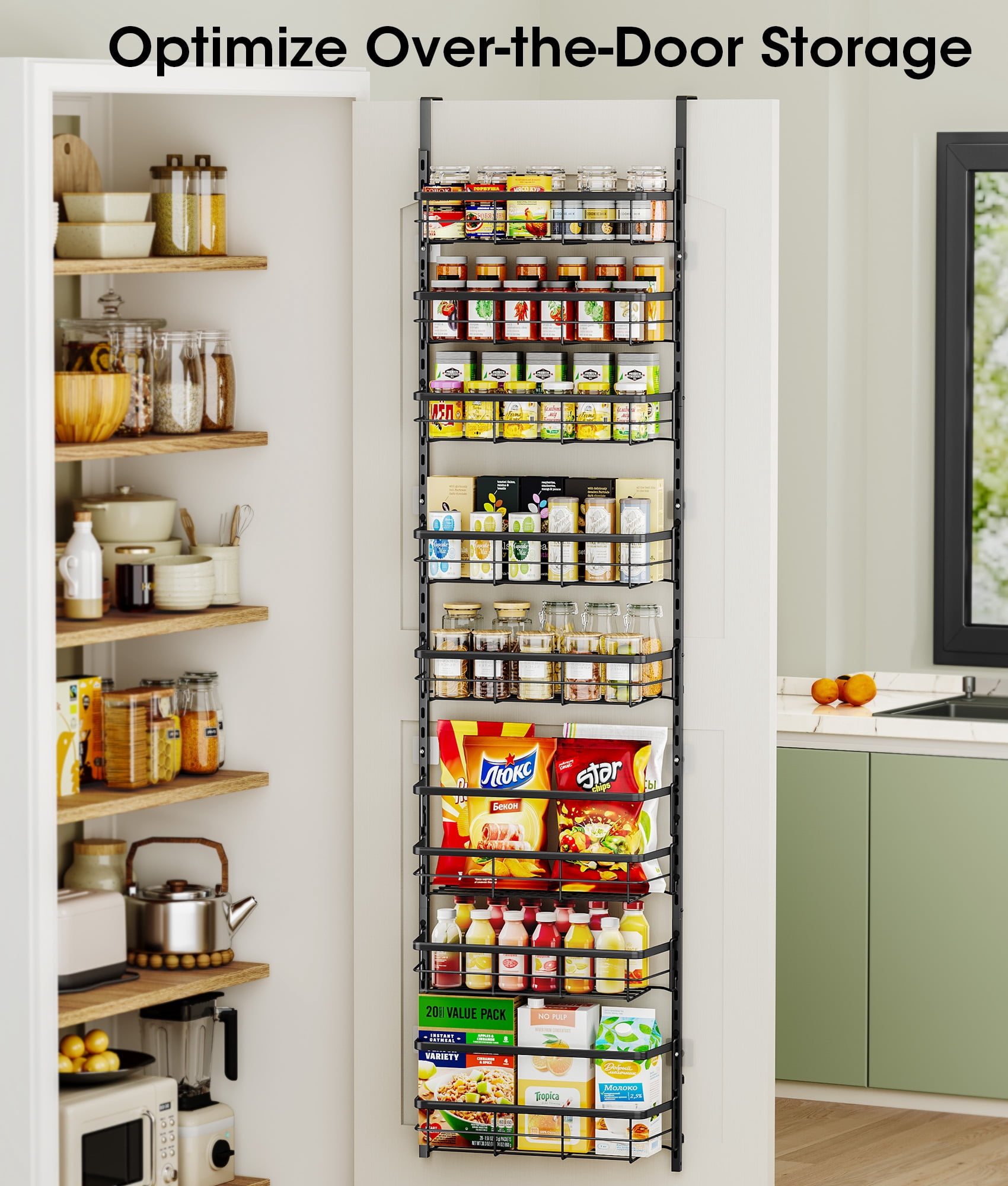 8-Tier Adjustable Over the Door Pantry Organizer with 2 Sets Hooks Fits Most Doors, Hanging Spice Rack for Pantry Door Organizer And Storage, Black