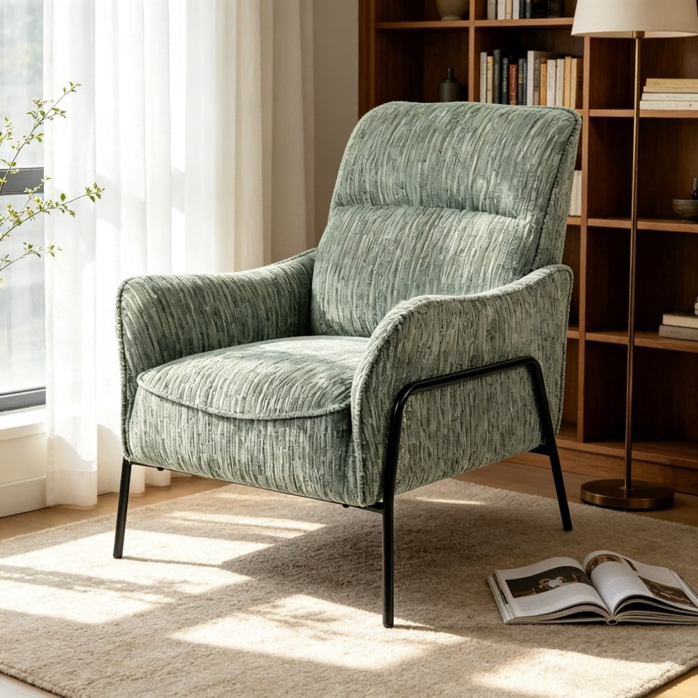 Modern Striped Accent Chair, Upholstered Armchair with Black Metal Frame, Padded Lounge & Reading Chair with Lumbar Pillow for Living Room, Bedroom & Office, Green