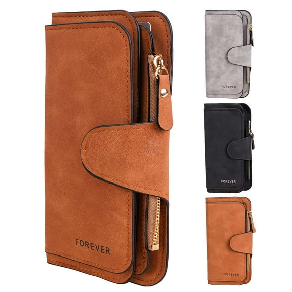 Deago Womens Long PU Leather Wallet Large Capacity Trifold Clutch Purse Ladies Card Holder with ID Window, Brown