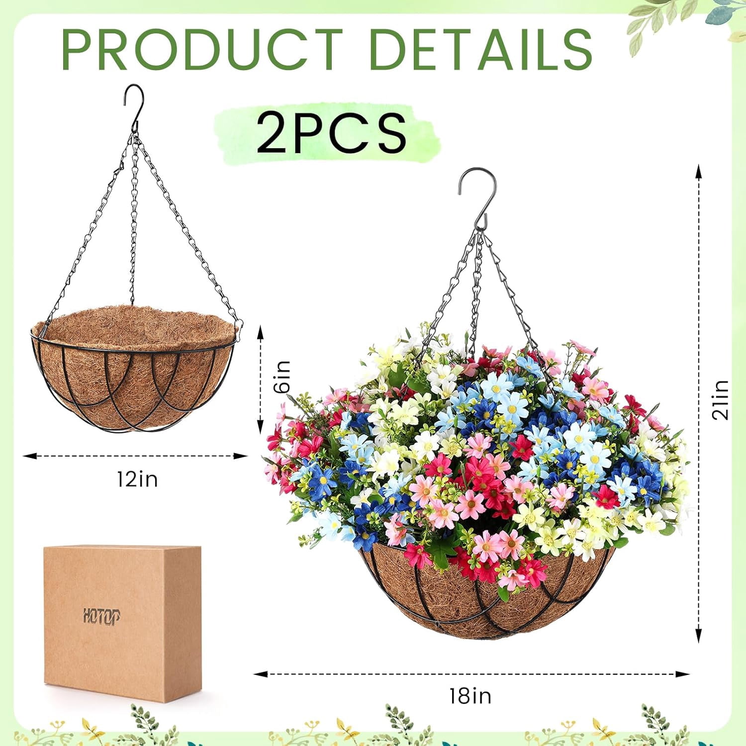2 Pack Artificial Hanging Baskets with Flowers for Outdoors Fake Hanging Plants for Spring Summer Porch Home Decoration Artificial Daisy Flower Arrangement in Coconut Lining Baskets(Mix Color)