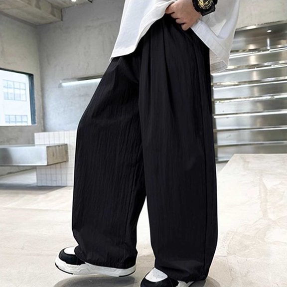 Qunyiney Black Boys' Pants Lightweight Wide Leg Pants Loose Fit with Pockets Elastic Waist Casual Pants Size 120