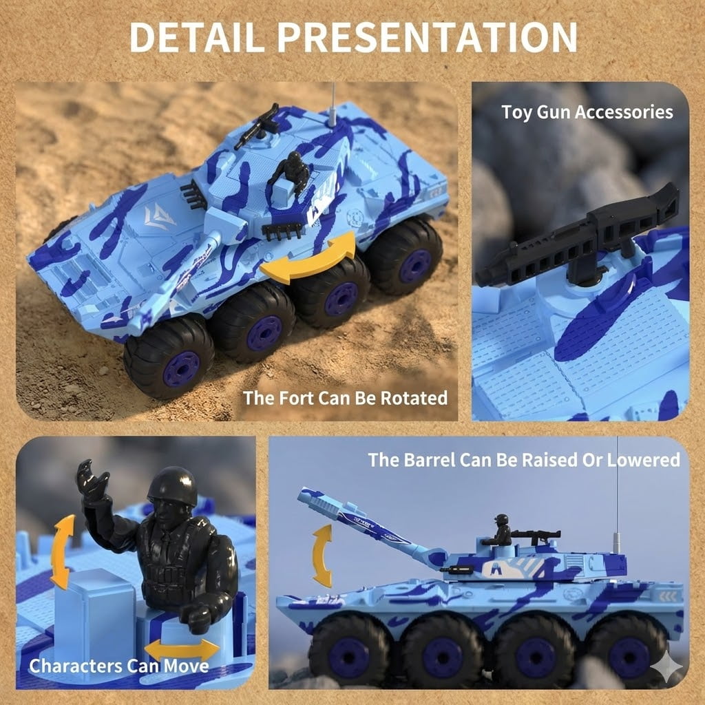 1/32 Scale 8-Wheel Drive Remote Control Amphibious Tank, Waterproof All-Terrain Stunt Car, Blue Camouflage Toy for Ages 6+