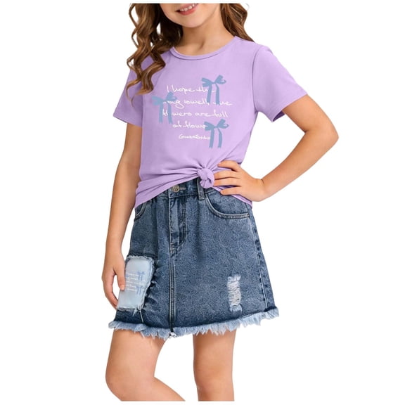 Amidoa Girls Summer 2 Piece Outfits Cute Floral Short Sleeve and Elastic Waist Denim Skirt Kids Clothing Set Purple Size 4T