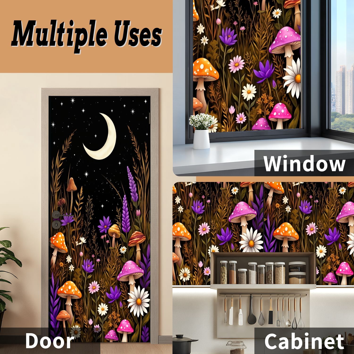 Self Adhesive Vinyl Refrigerator Wrap Set Magical Mushroom Forest Crescent Moon Starry Sky Botanical Door Mural Removable Fridge Sticker Peel and Stick&nbsp;Full Door Cover Decal Kitchen Bar Decor