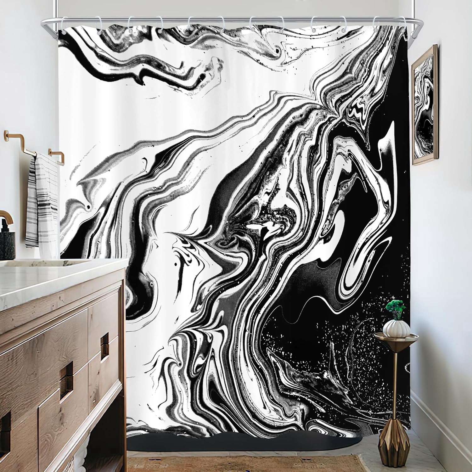 Black White Marble Shower Curtain for Bathroom Decor 72Wx72H Inches Abstract Modern Ombre Ink Texture Aesthetic Minimalist Fluid Liquid Luxury for Men Fabric Waterproof Polyester 12 Pack Hooks