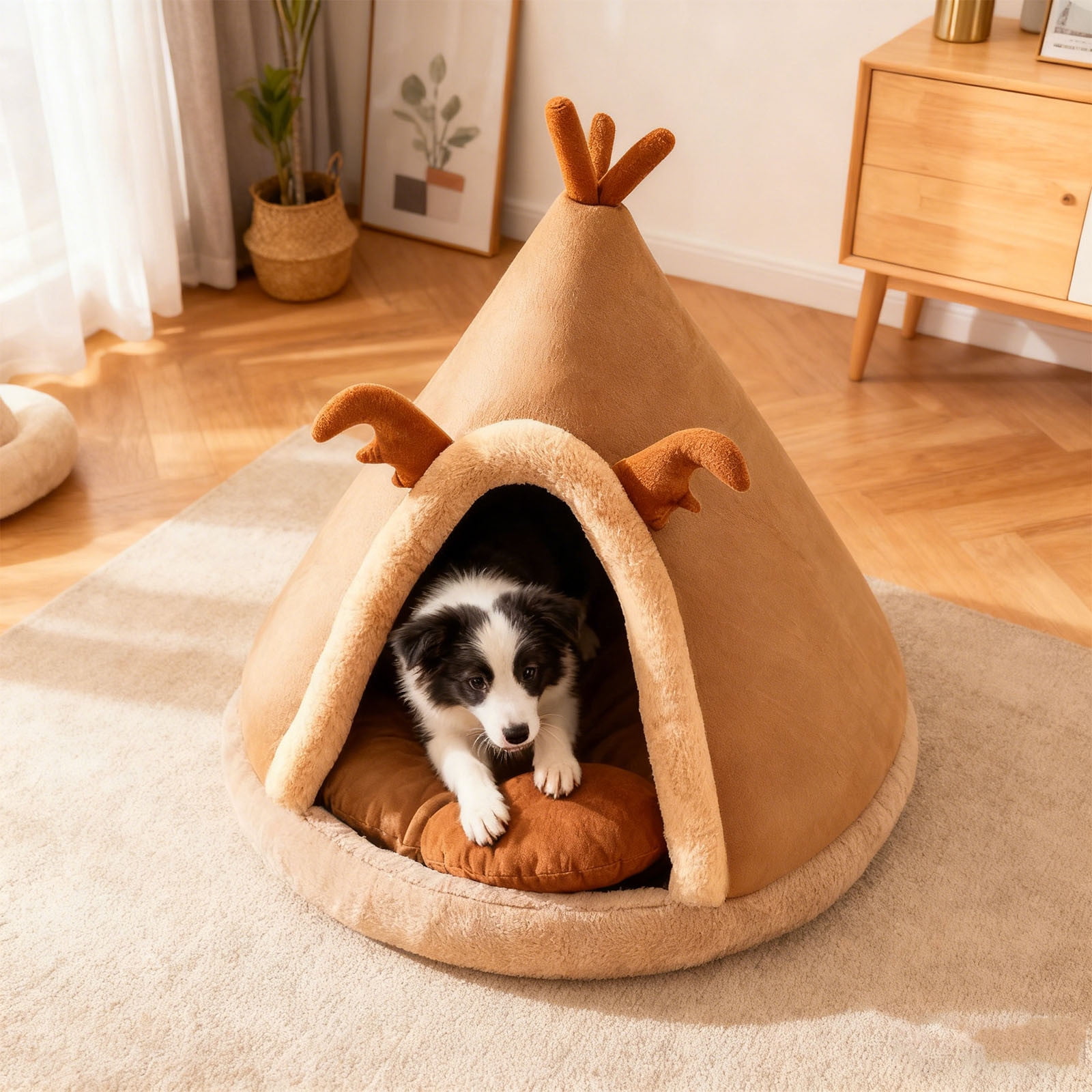 Deer Antler Teepee Pet Bed With Thick Cushion Cozy Cat Tent Bed For Indoor Small Animals(Brown-15In)
