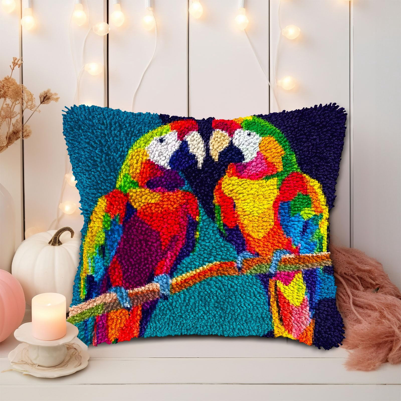 A Pair of Parrot DIY Latch Hook Pillow Kits for Adults Printed Pillowcase Crochet Yarns Hooking Handmade Pillow Cover Cushion for Home Sofa Decoration 17x17inch